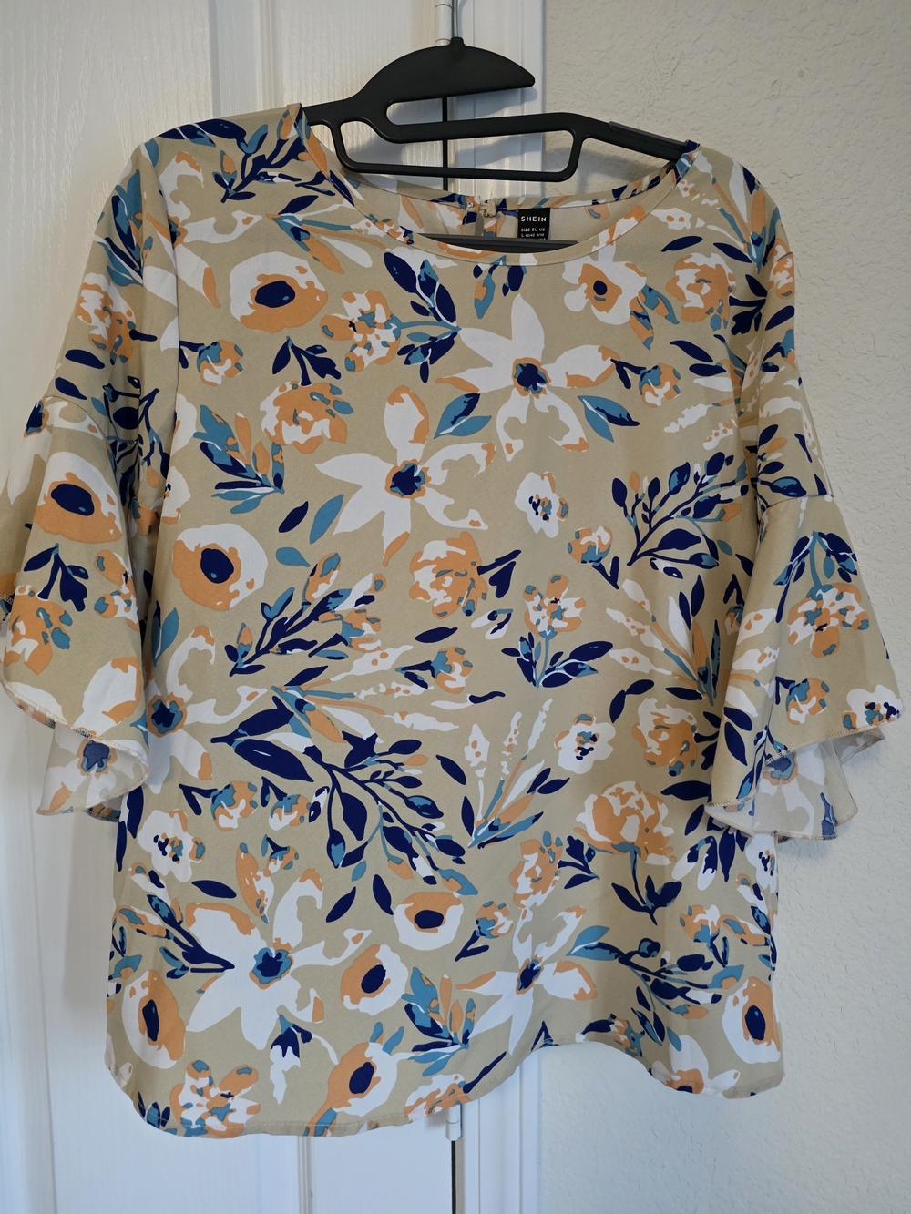 SHEIN Beige Floral Ruffle Sleeve Blouse with Blue & Peach Accents